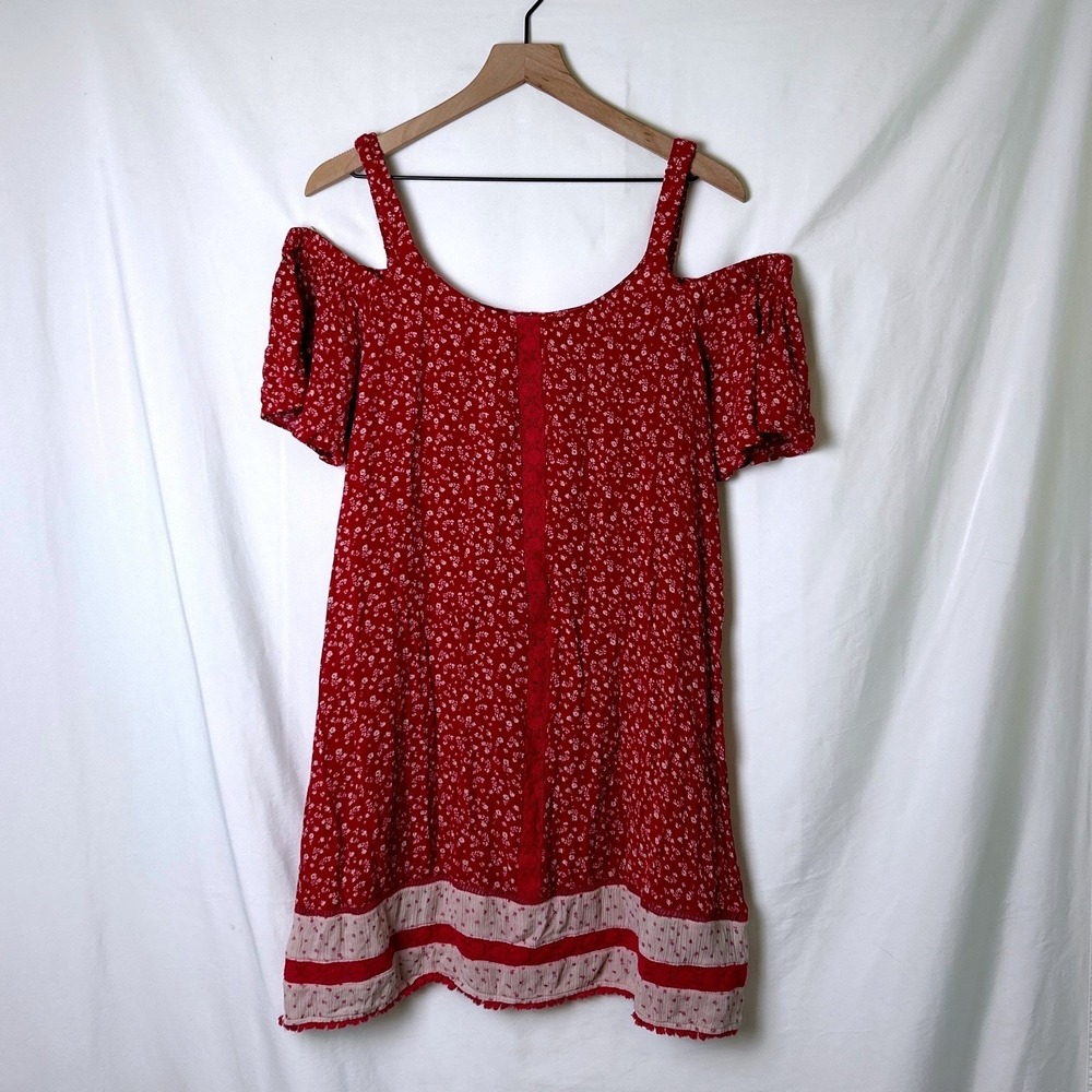 Democracy Womens Floral Cold Shoulder Crochet Lace Trim Mini Dress Size L Red